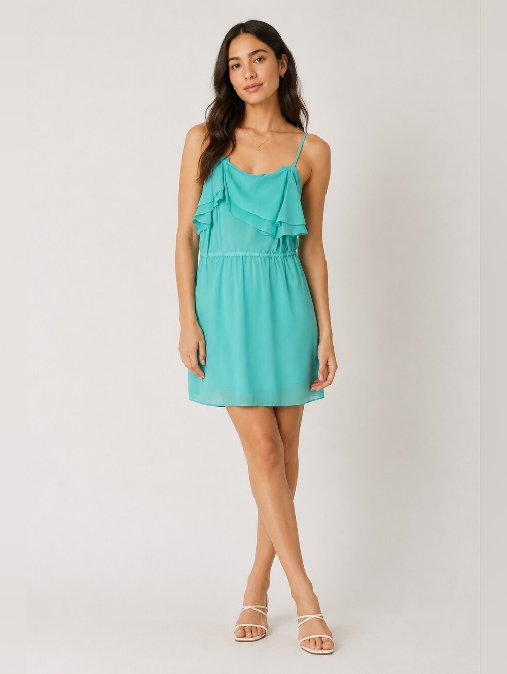 Wilfred Women's Aquamarine 100% Silk Ruffle Mini Slip Spaghetti Straps Dress S